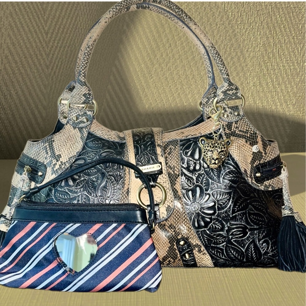 Sharif Studio Embossed Leather Snakeskin Top Handle Bag & Make-Up Bag & Mirror - Picture 2 of 7